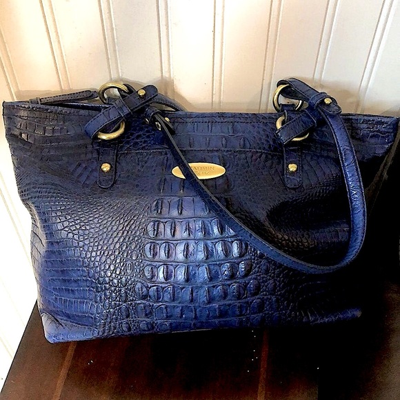 BRAHMIN Blue Crocodile Leather Top Zipper Closure Shoulder Bag - Picture 1 of 17